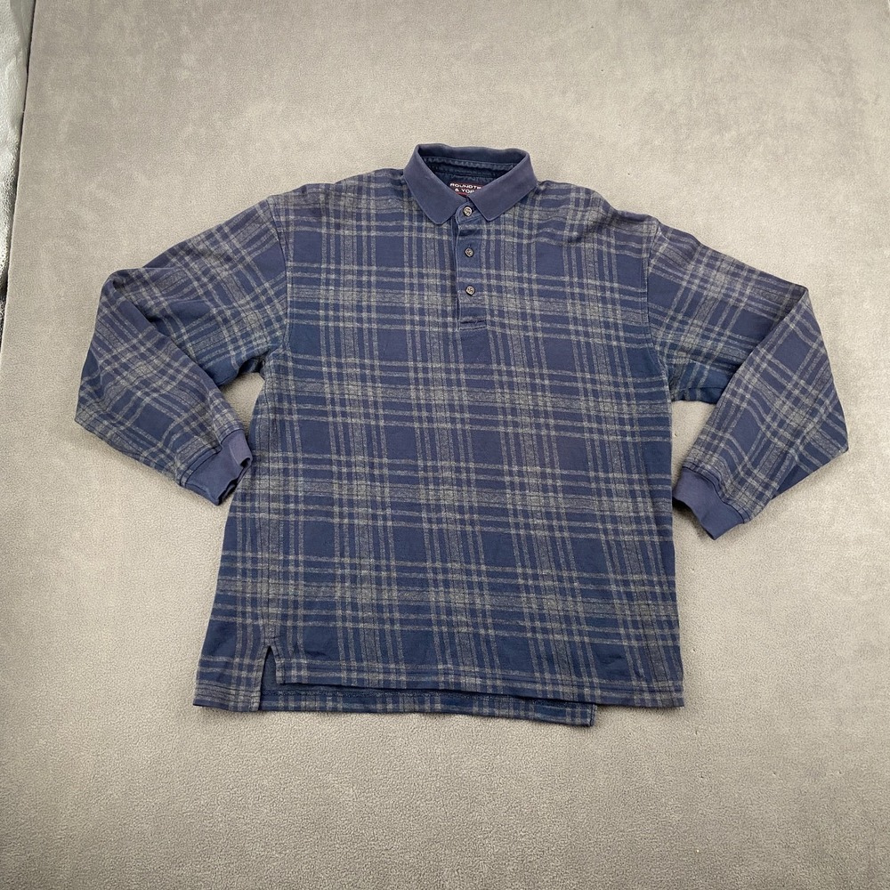 VTG Y2K Roundtree & Yorke Polo Shirt Sz M Blue Gray Plaid Performance Side Slit